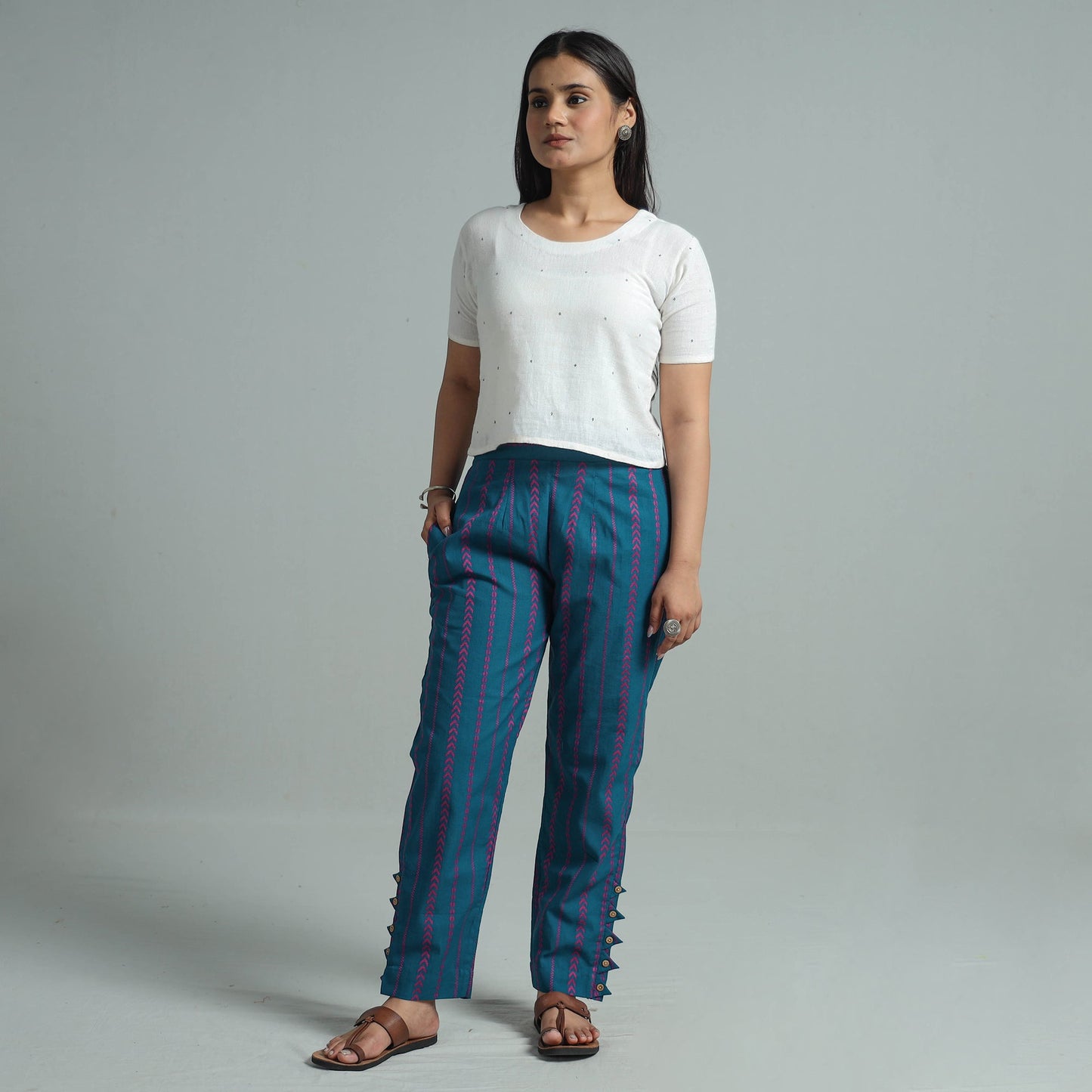 Blue - jacquard weave cotton elasticated pant 02