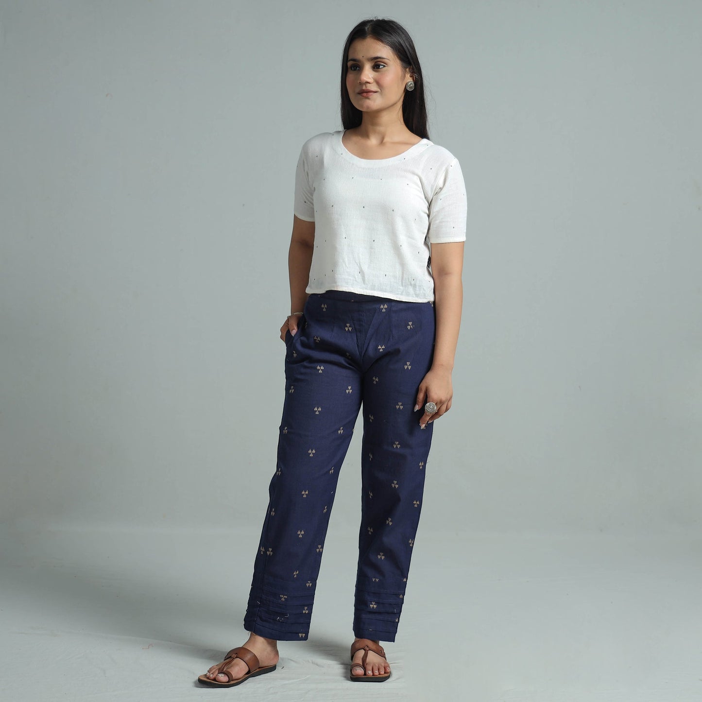 Blue - jacquard weave cotton elasticated pant 10