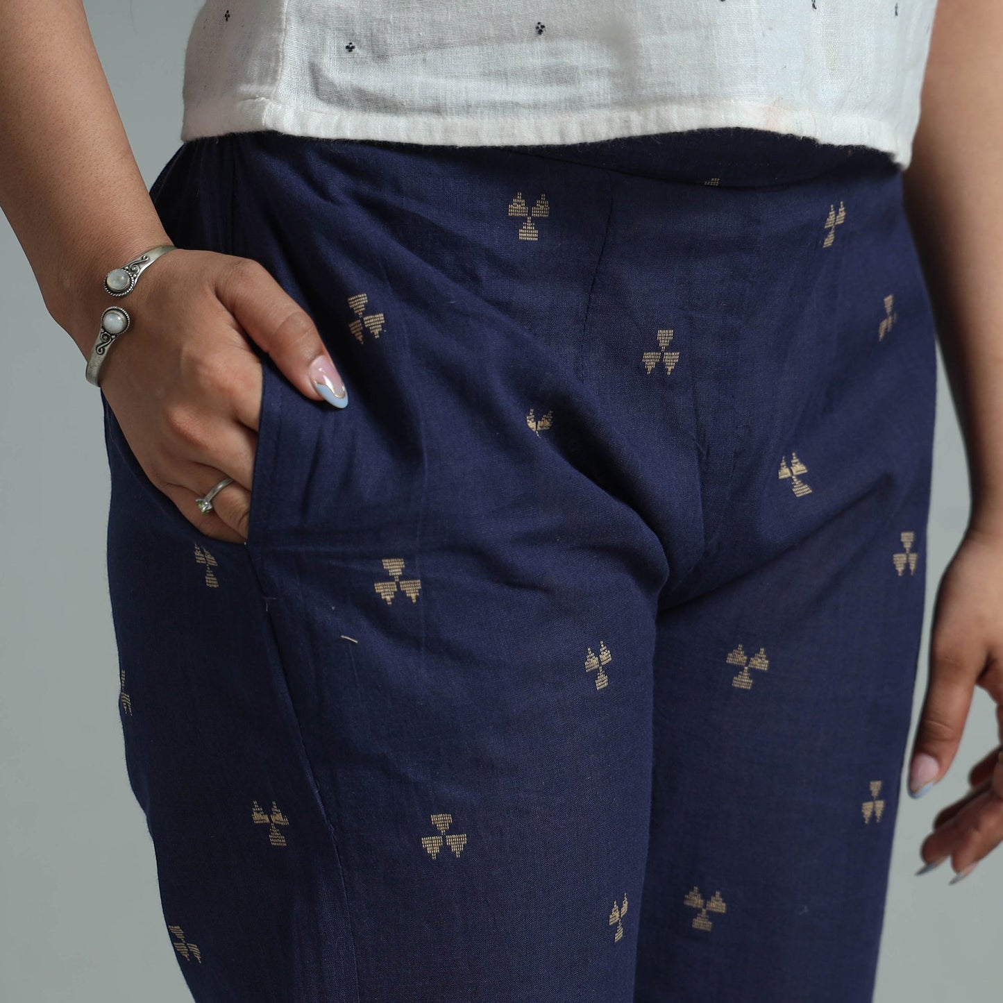 Blue - jacquard weave cotton elasticated pant 10