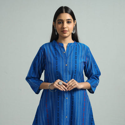 Blue - Jacquard Weave Cotton A-Line Kurta