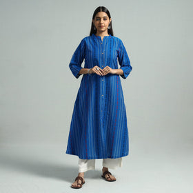 Blue - Jacquard Weave Cotton A-Line Kurta
