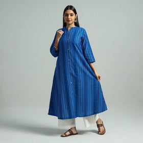 Blue - Jacquard Weave Cotton A-Line Kurta