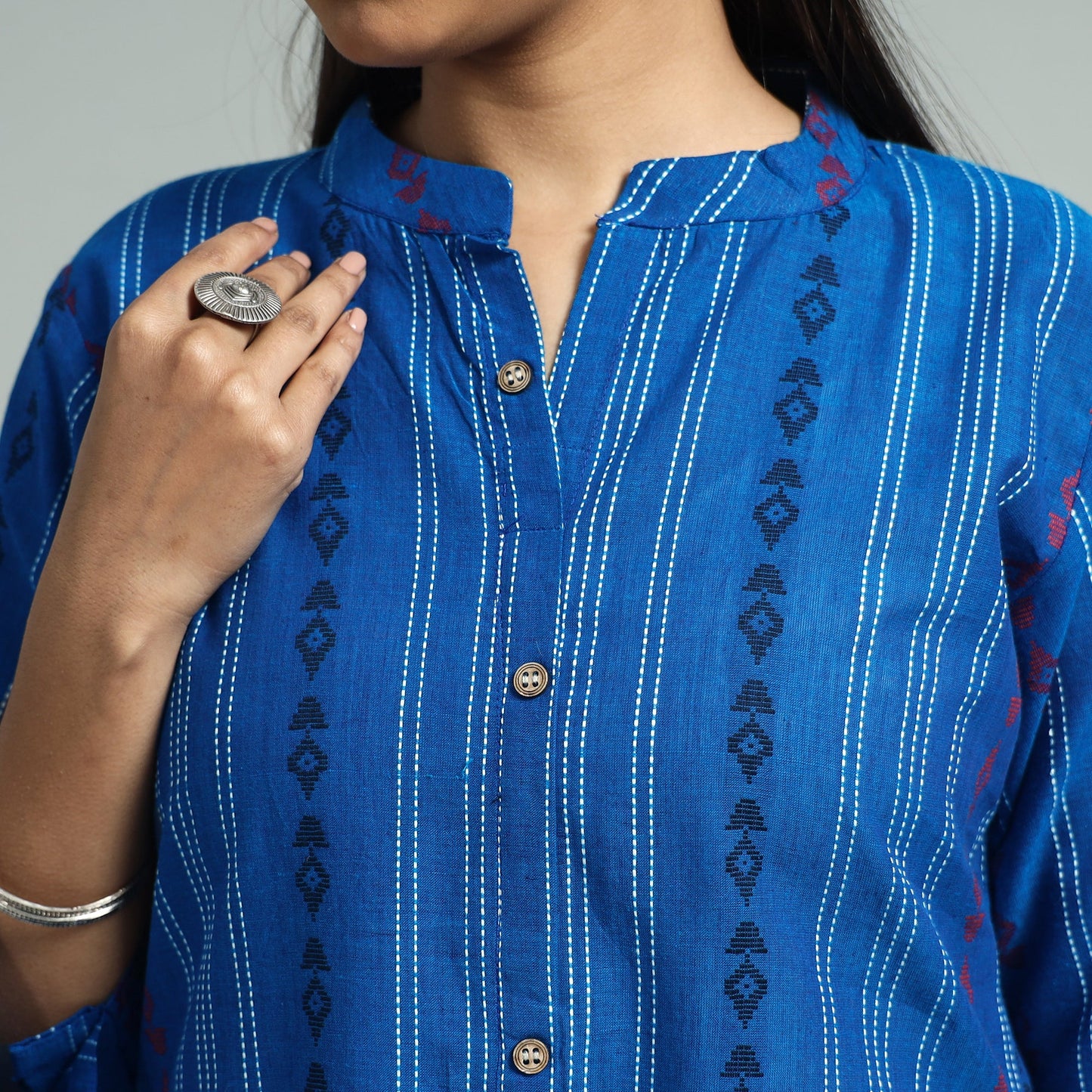 Blue - Jacquard Weave Cotton A-Line Kurta