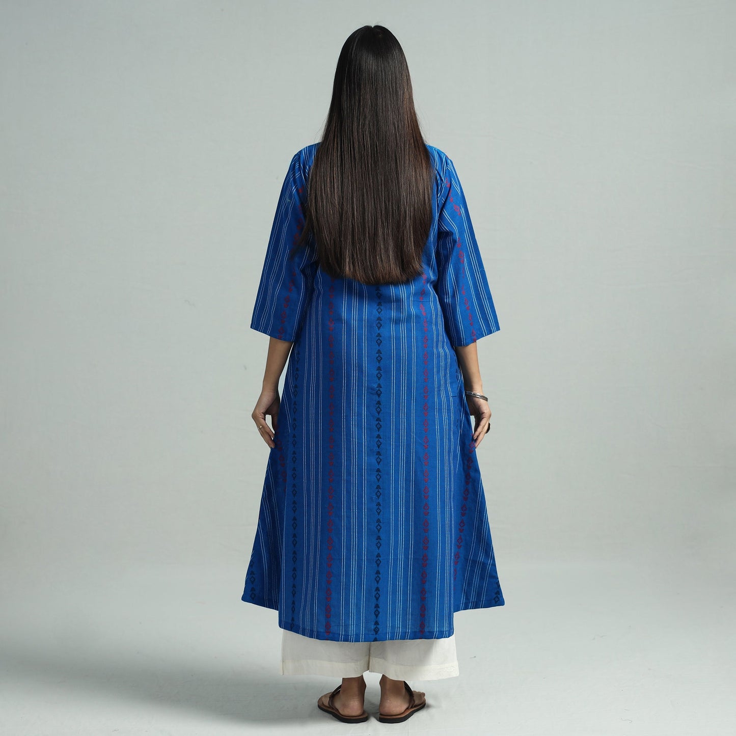 Blue - Jacquard Weave Cotton A-Line Kurta