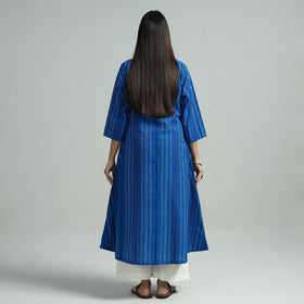 Blue - Jacquard Weave Cotton A-Line Kurta