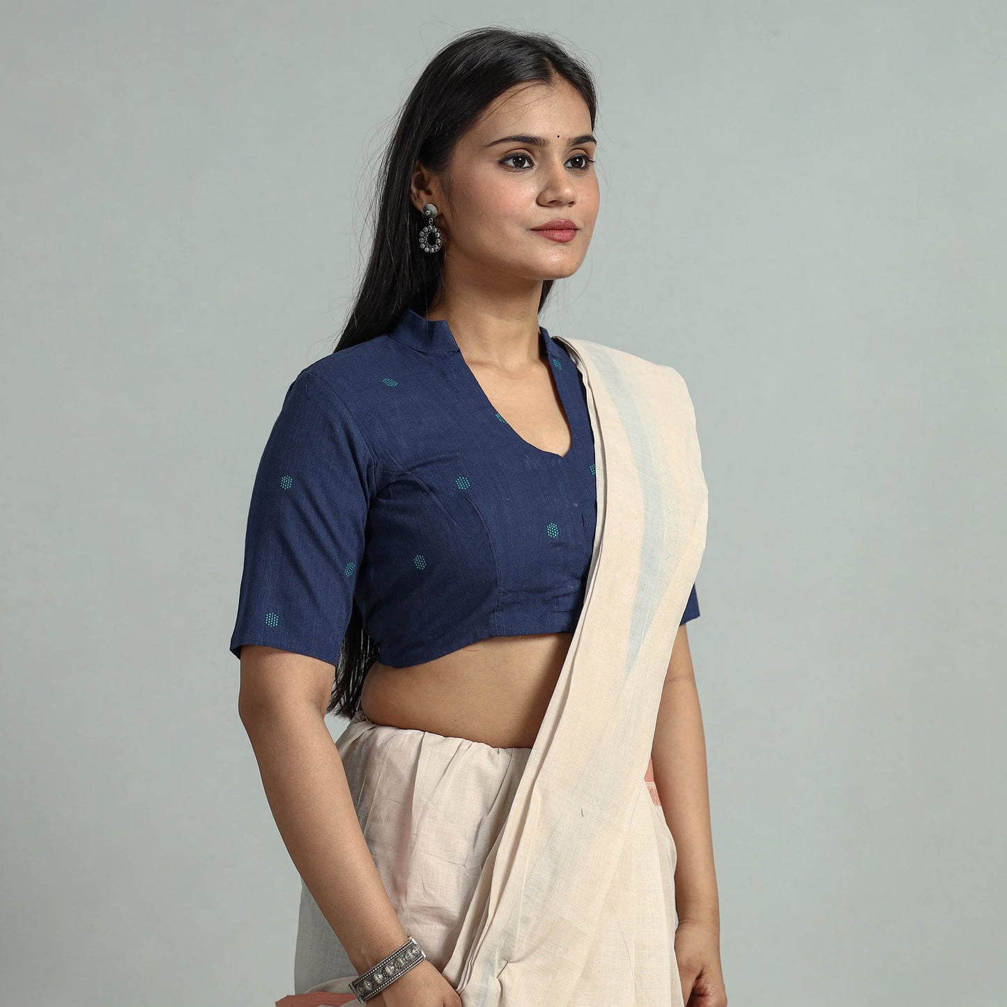 Blue Jacquard Weave Cotton Stitched Blouse 