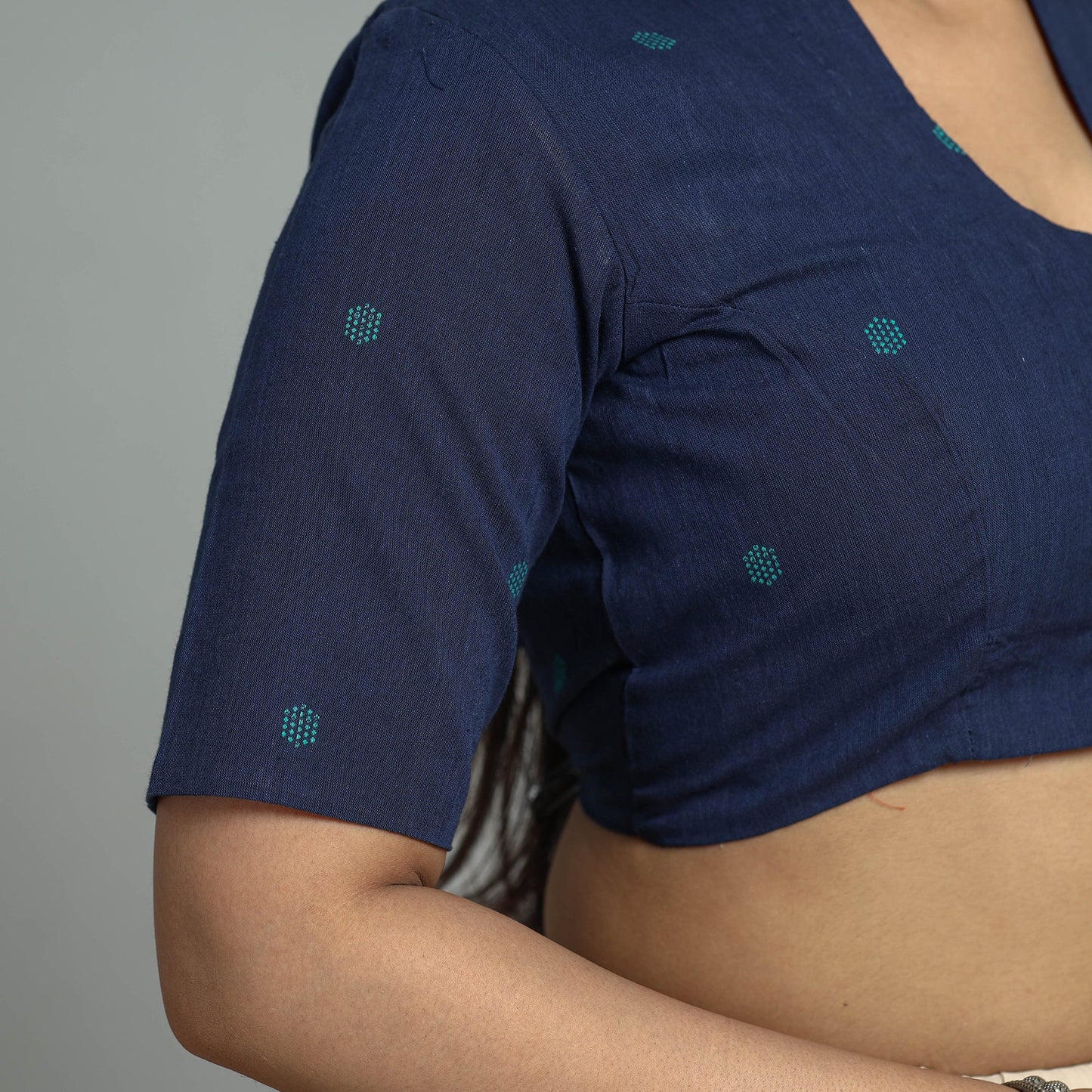 Blue Jacquard Weave Cotton Stitched Blouse 