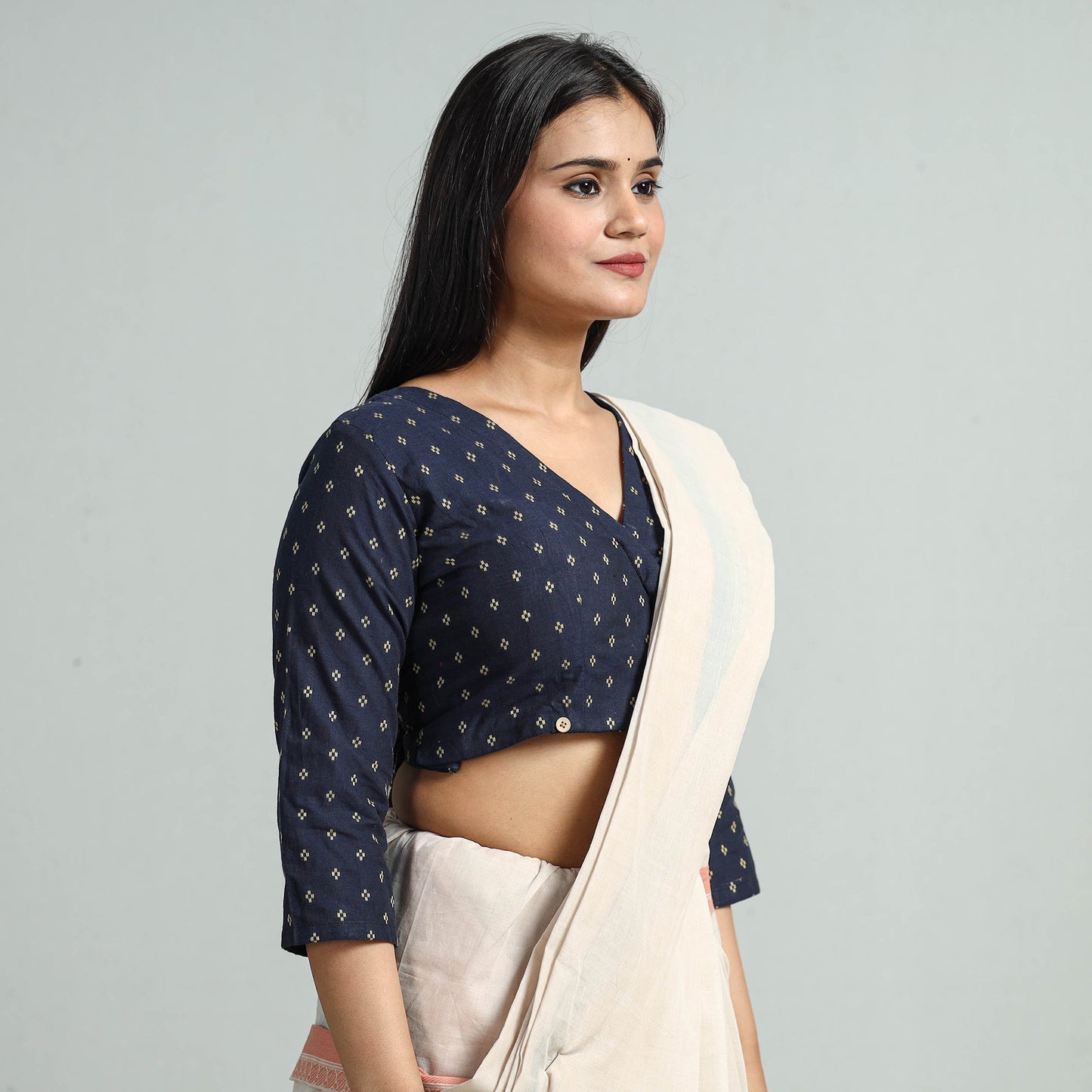 Blue - jacquard weave cotton stitched blouse 07