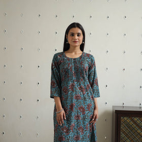 Blue Jahota Block Print Cotton pintuck Straight Kurta for Women