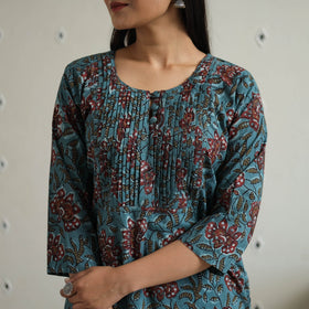Blue Jahota Block Print Cotton pintuck Straight Kurta for Women