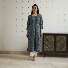 Blue Jahota Block Print Cotton pintuck Straight Kurta for Women