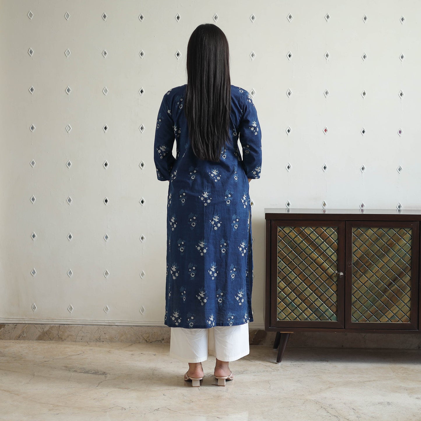Blue - Jahota Block Print Cotton Pintuck Straight Kurta 24