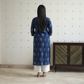 Blue - Jahota Block Print Cotton Pintuck Straight Kurta 24