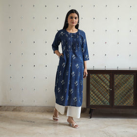 Blue - Jahota Block Print Cotton Pintuck Straight Kurta 24