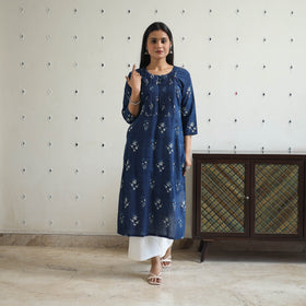 Blue - Jahota Block Print Cotton Pintuck Straight Kurta 24