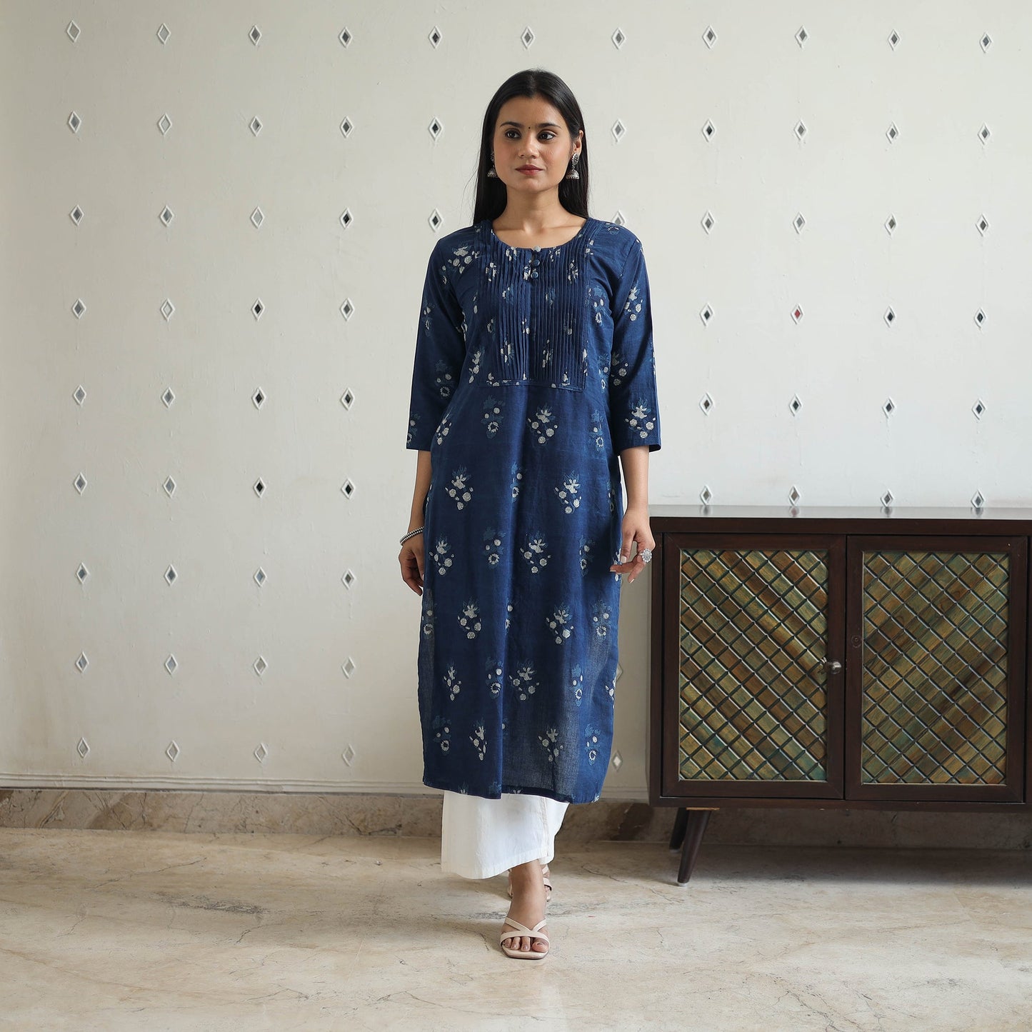Blue - Jahota Block Print Cotton Pintuck Straight Kurta 24