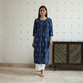Blue - Jahota Block Print Cotton Pintuck Straight Kurta 24