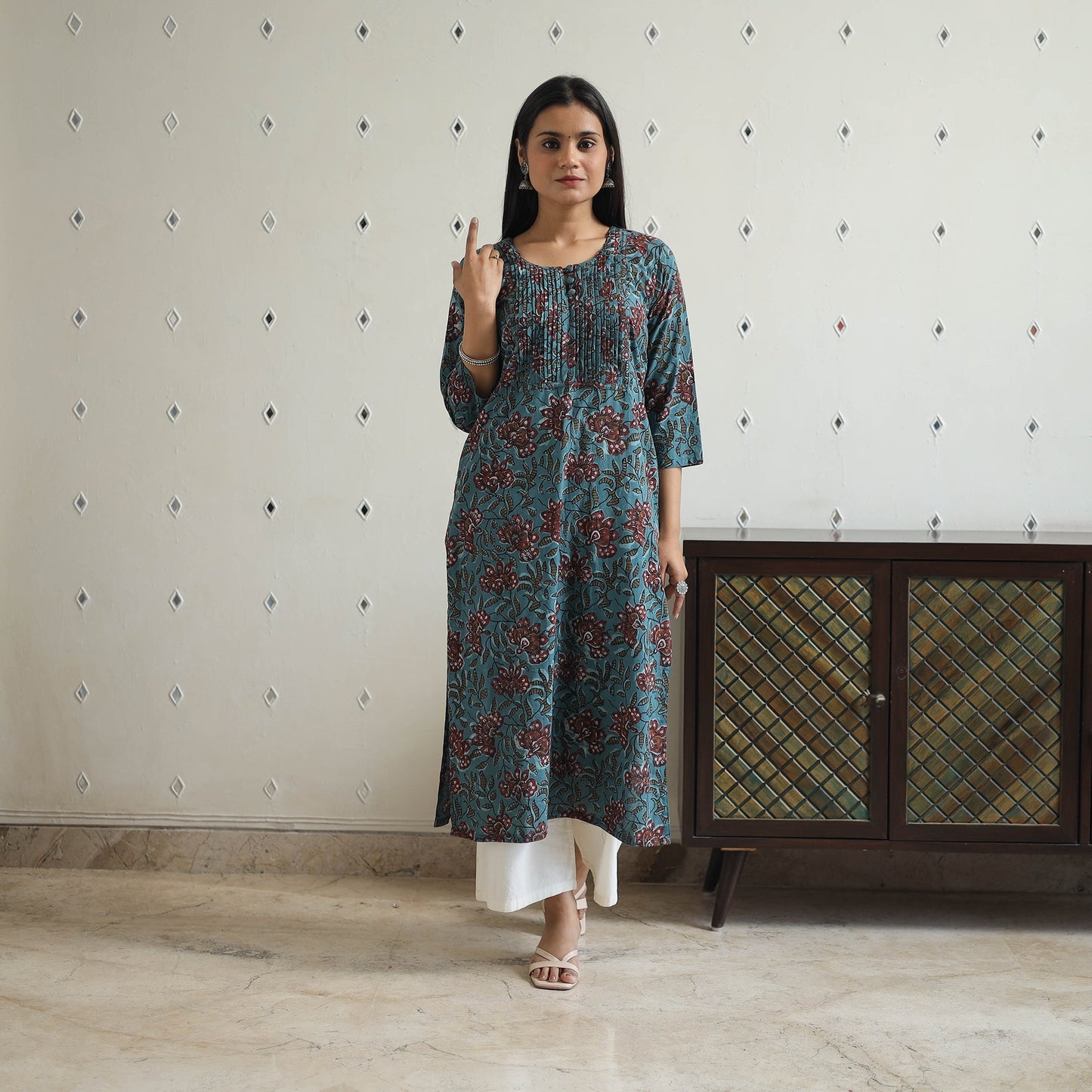 Blue Jahota Block Print Cotton pintuck Straight Kurta for Women