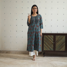 Blue Jahota Block Print Cotton pintuck Straight Kurta for Women