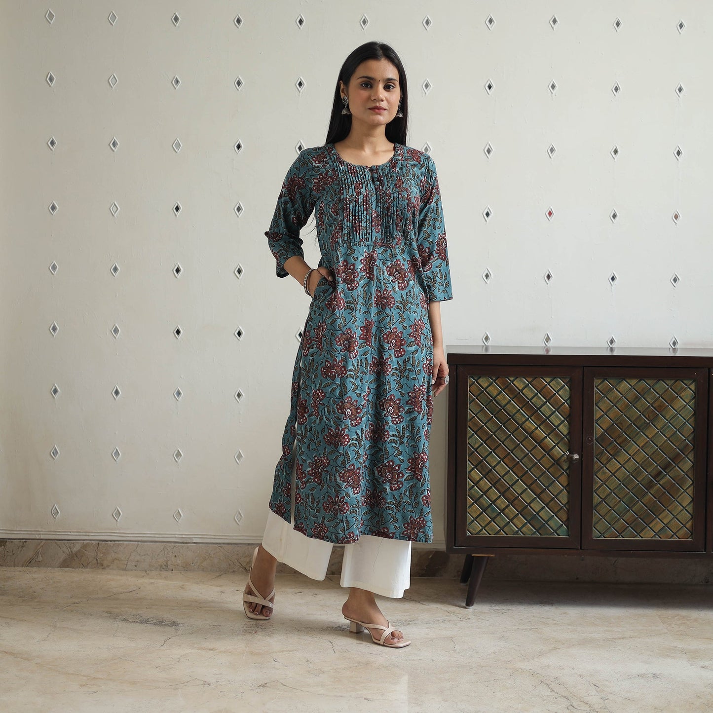 Blue Jahota Block Print Cotton pintuck Straight Kurta for Women