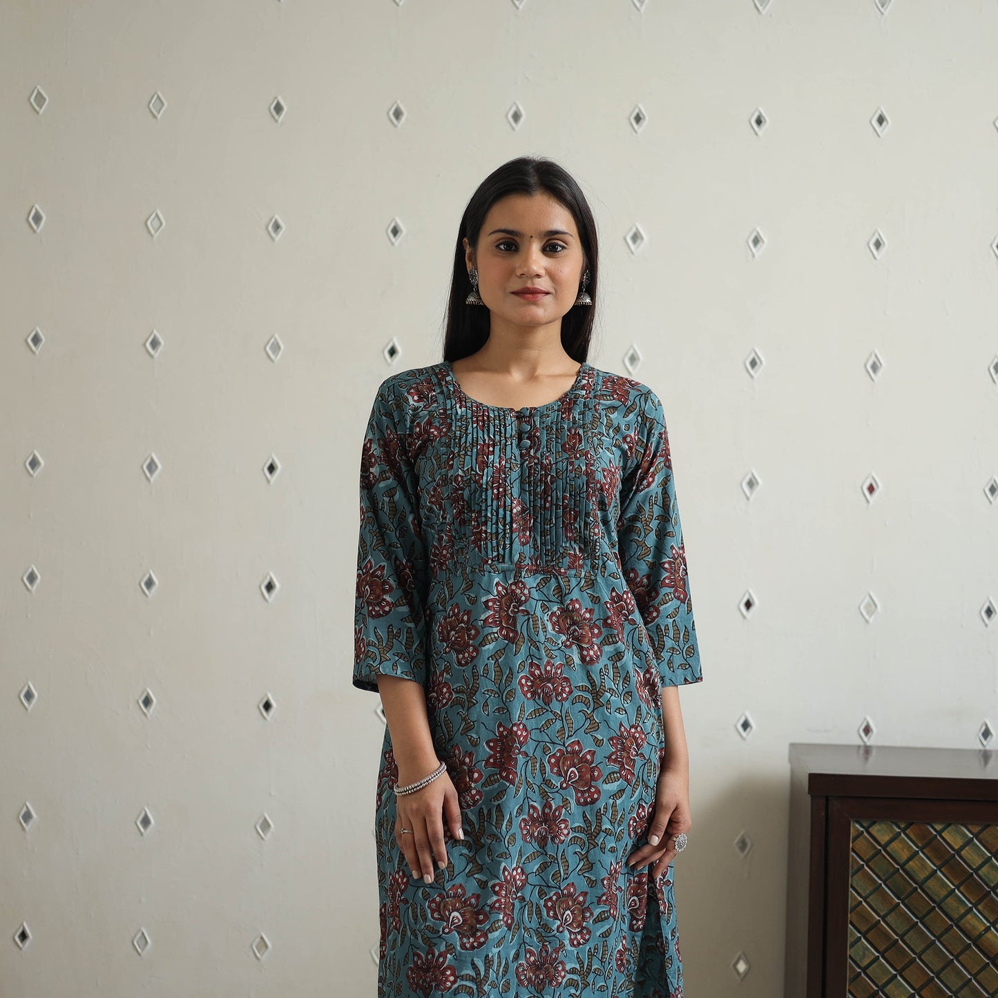 Blue Jahota Block Print Cotton pintuck Straight Kurta for Women