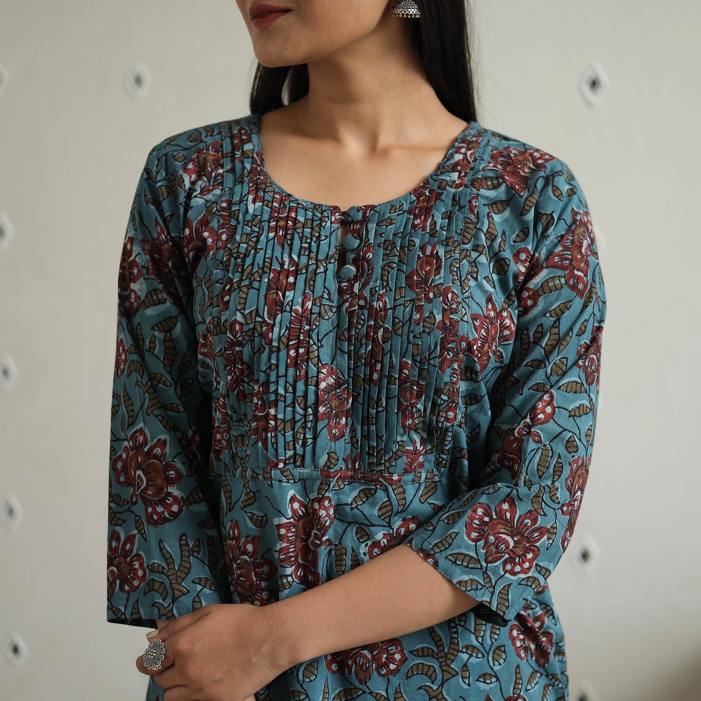 Blue Jahota Block Print Cotton pintuck Straight Kurta for Women