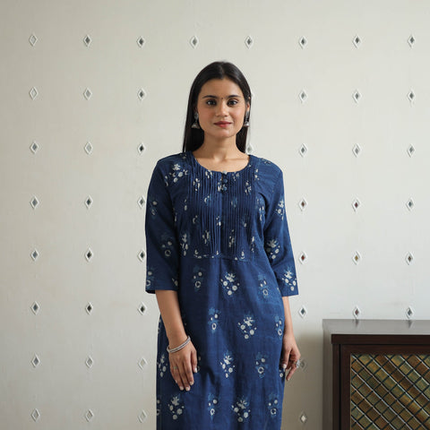 Blue - Jahota Block Print Cotton Pintuck Straight Kurta 24