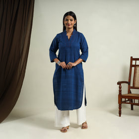 Buy Blue Jhiri Handloom Straight Cotton Kurta for Women