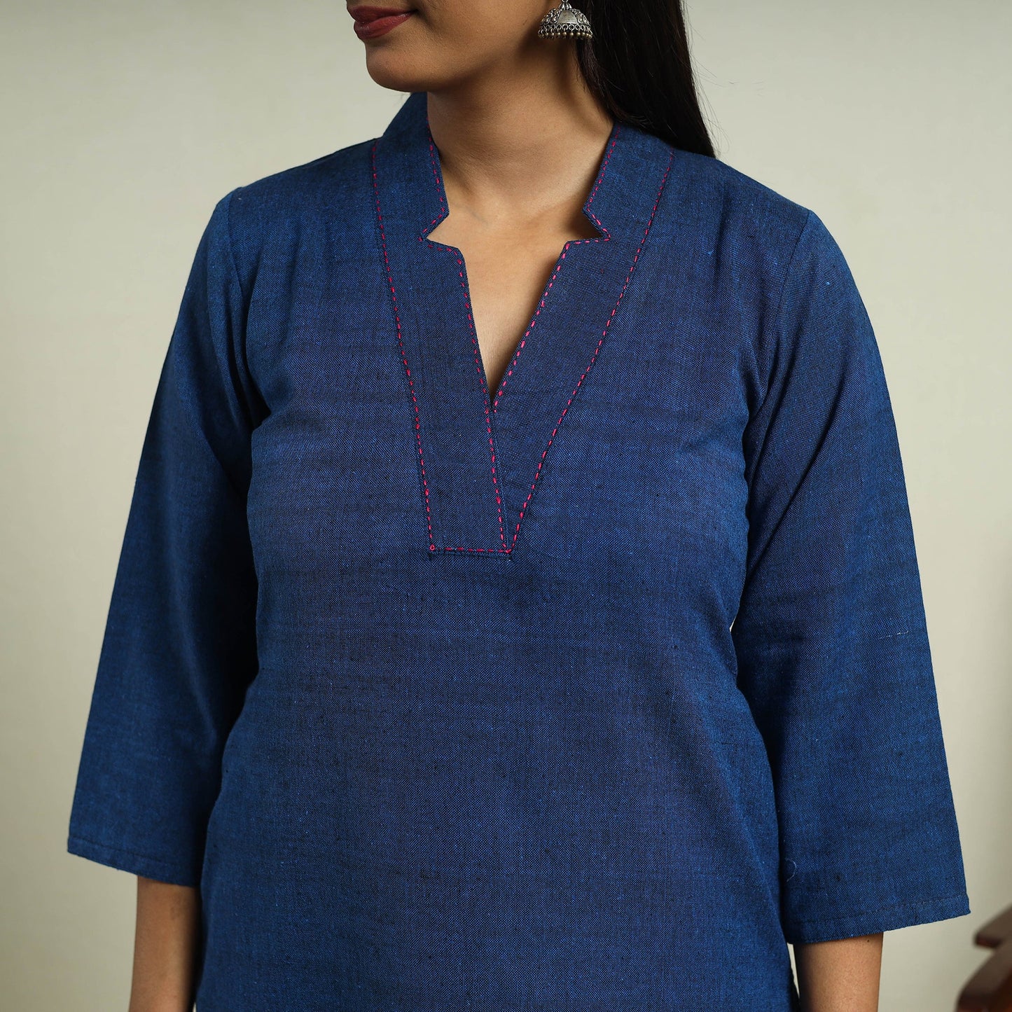 Buy Blue Jhiri Handloom Straight Cotton Kurta for Women