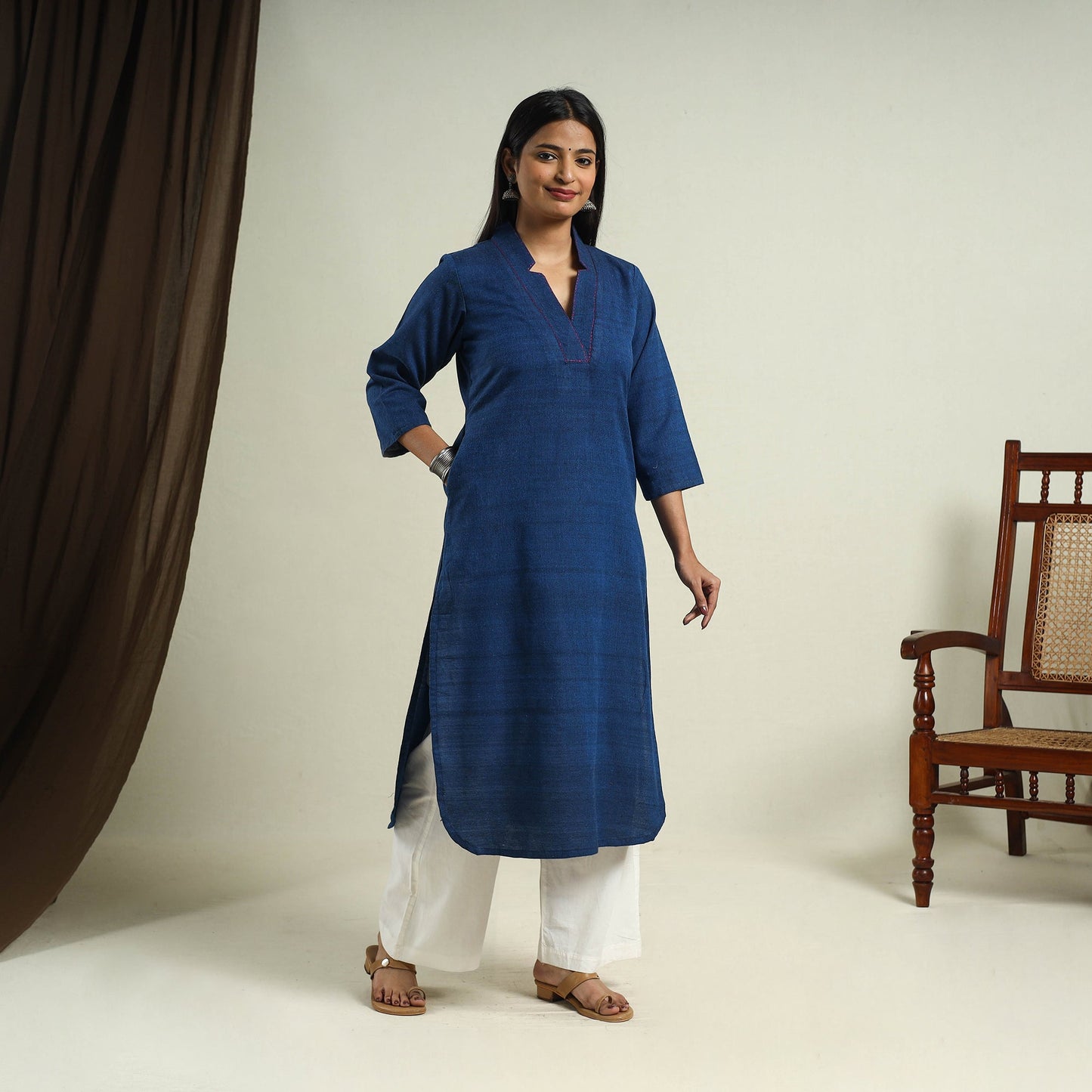 Buy Blue Jhiri Handloom Straight Cotton Kurta for Women