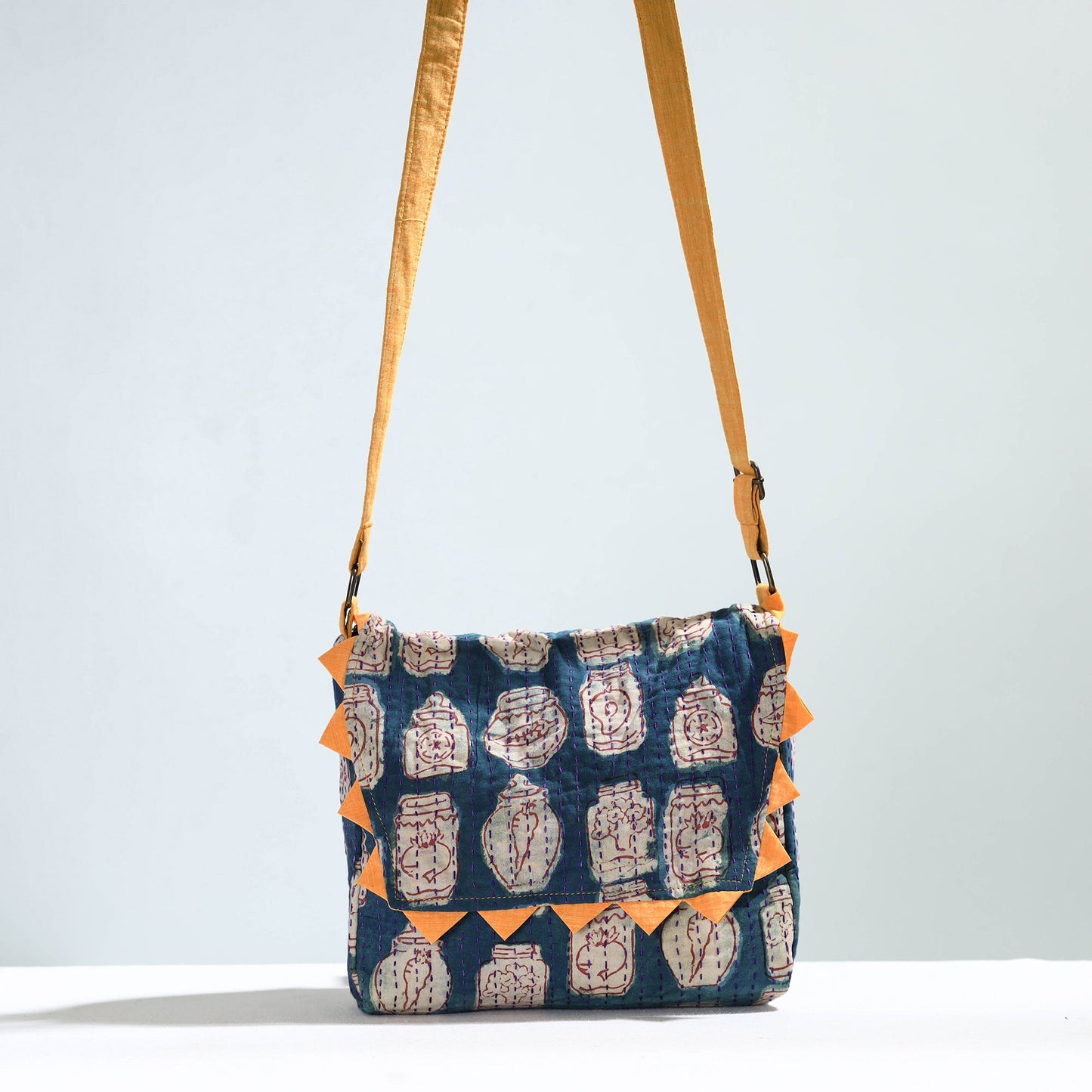 Blue - Jugaad Handmade Running Stitch Cotton Flap Sling Bag