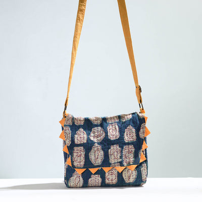 Blue - Jugaad Handmade Running Stitch Cotton Flap Sling Bag