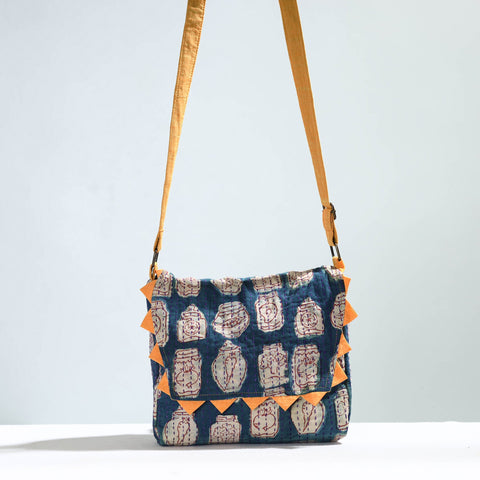Blue - Jugaad Handmade Running Stitch Cotton Flap Sling Bag