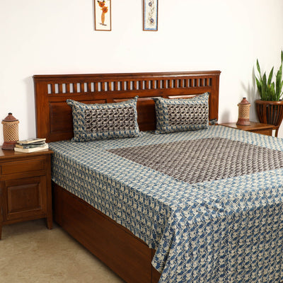 Blue - Kalamkari Block Printed Patchwork Cotton Double Bed Cover With Pillow Covers (108 x 90 in)