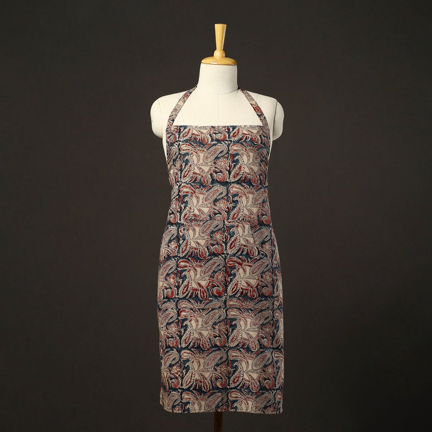 Blue Kalamkari Block Print Cotton Apron with Pocket