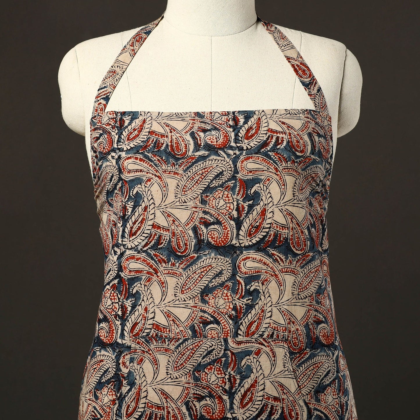 Blue Kalamkari Block Print Cotton Apron with Pocket