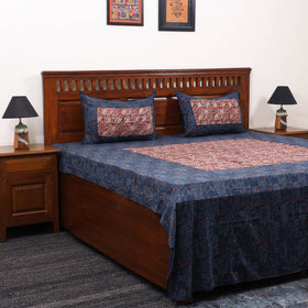 Blue Ajrakh Print with Kalamkari Patch Cotton Bedsheet Set