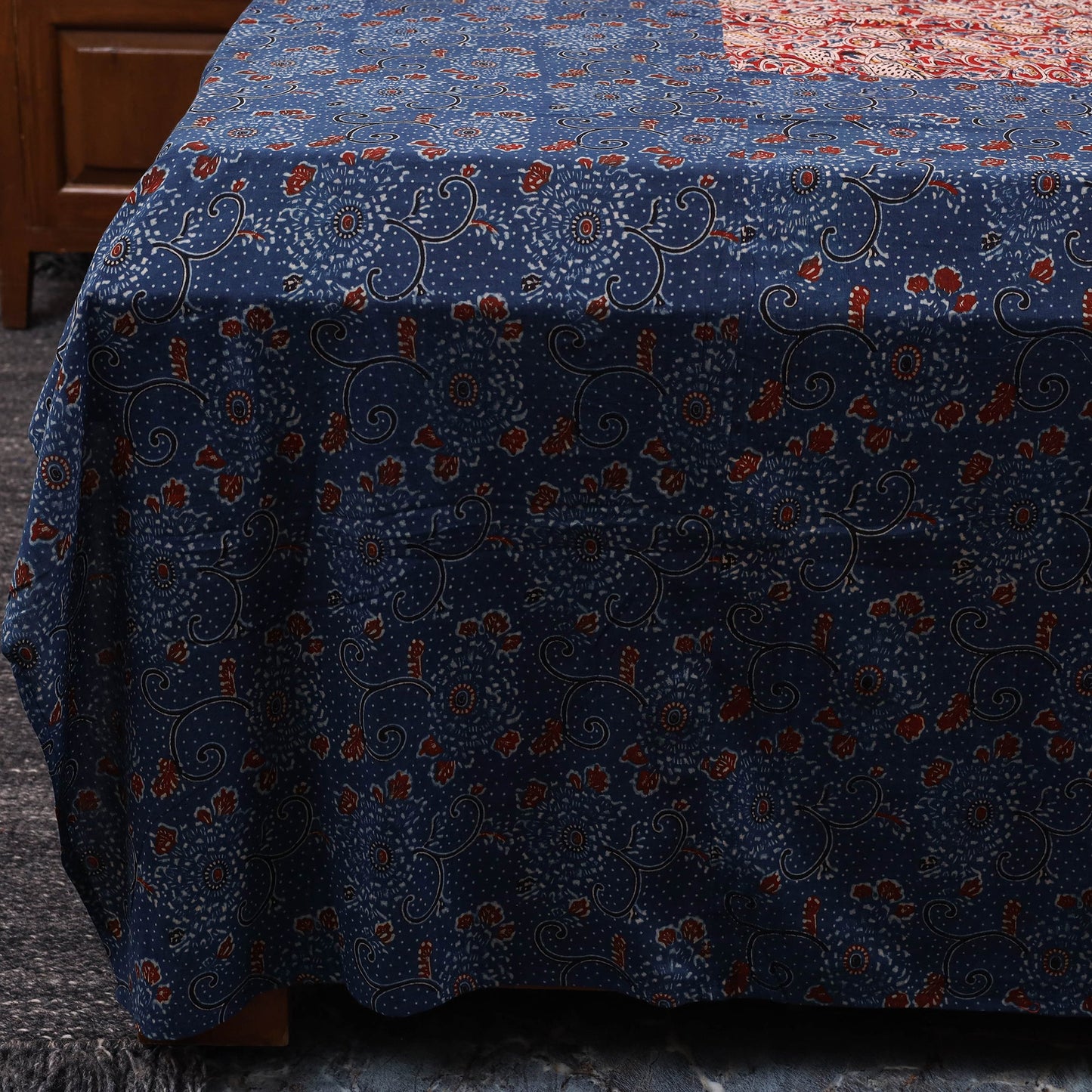 Blue Ajrakh Print with Kalamkari Patch Cotton Bedsheet Set