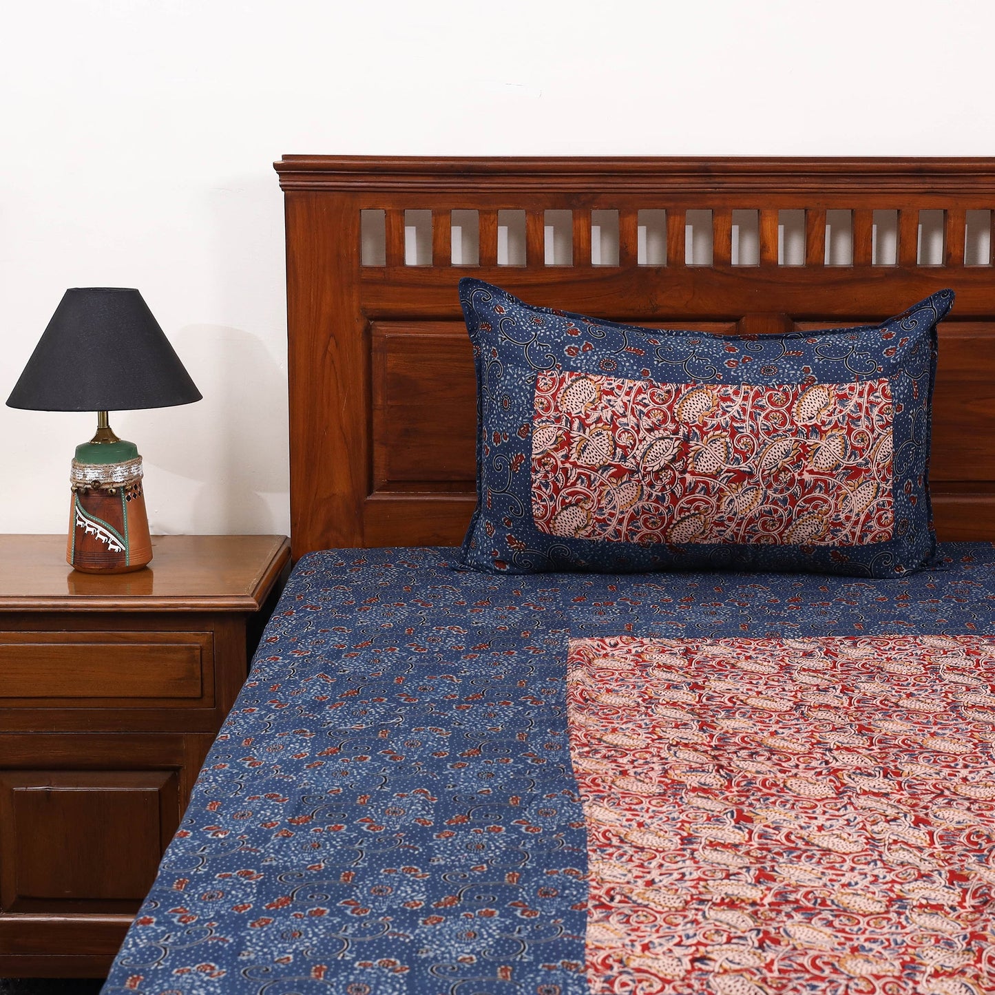 Blue Ajrakh Print with Kalamkari Patch Cotton Bedsheet Set