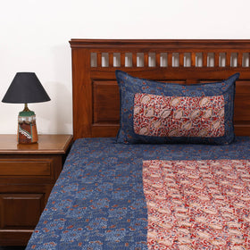 Blue Ajrakh Print with Kalamkari Patch Cotton Bedsheet Set