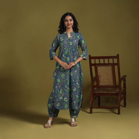 Blue - kalamkari printed cotton 2pc kurta set for women 02