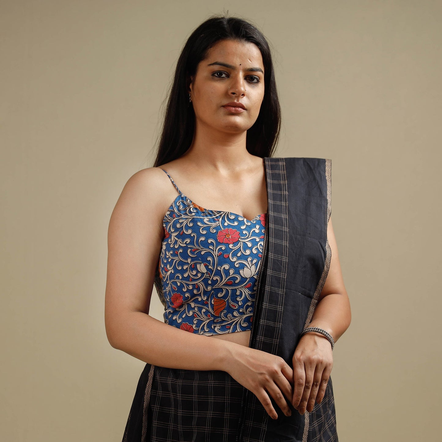 Blue - kalamkari printed cotton stitched blouse