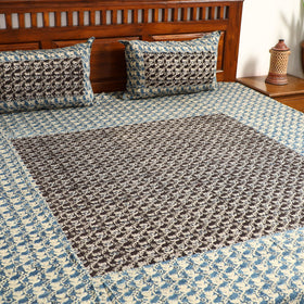 Blue - Kalamkari Block Printed Patchwork Cotton Double Bed Cover With Pillow Covers (108 x 90 in)