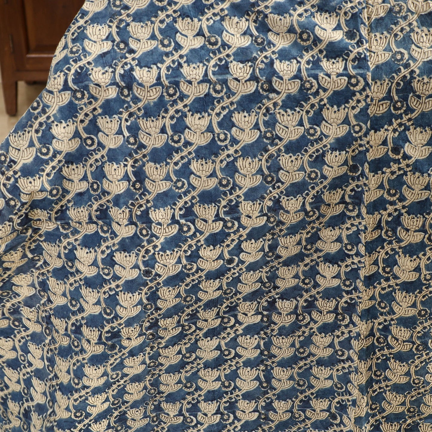 Blue - Kalamkari Block Printed Patchwork Cotton Double Bed Cover With Pillow Covers (108 x 90 in)