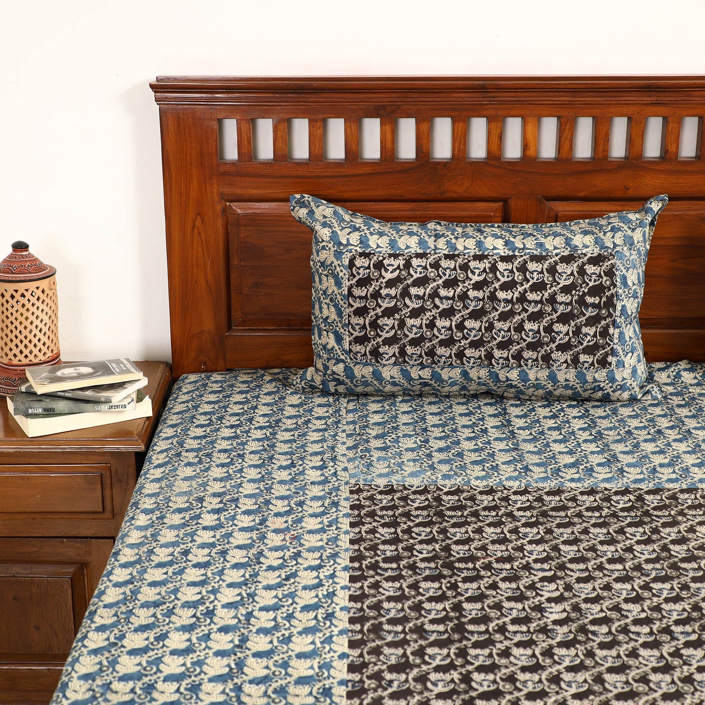 Blue - Kalamkari Block Printed Patchwork Cotton Double Bed Cover With Pillow Covers (108 x 90 in)