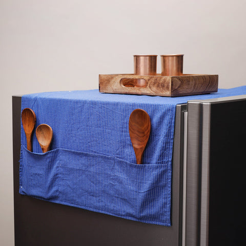 Blue Kantha Stitch Cotton Fridge Cover with Pockets
