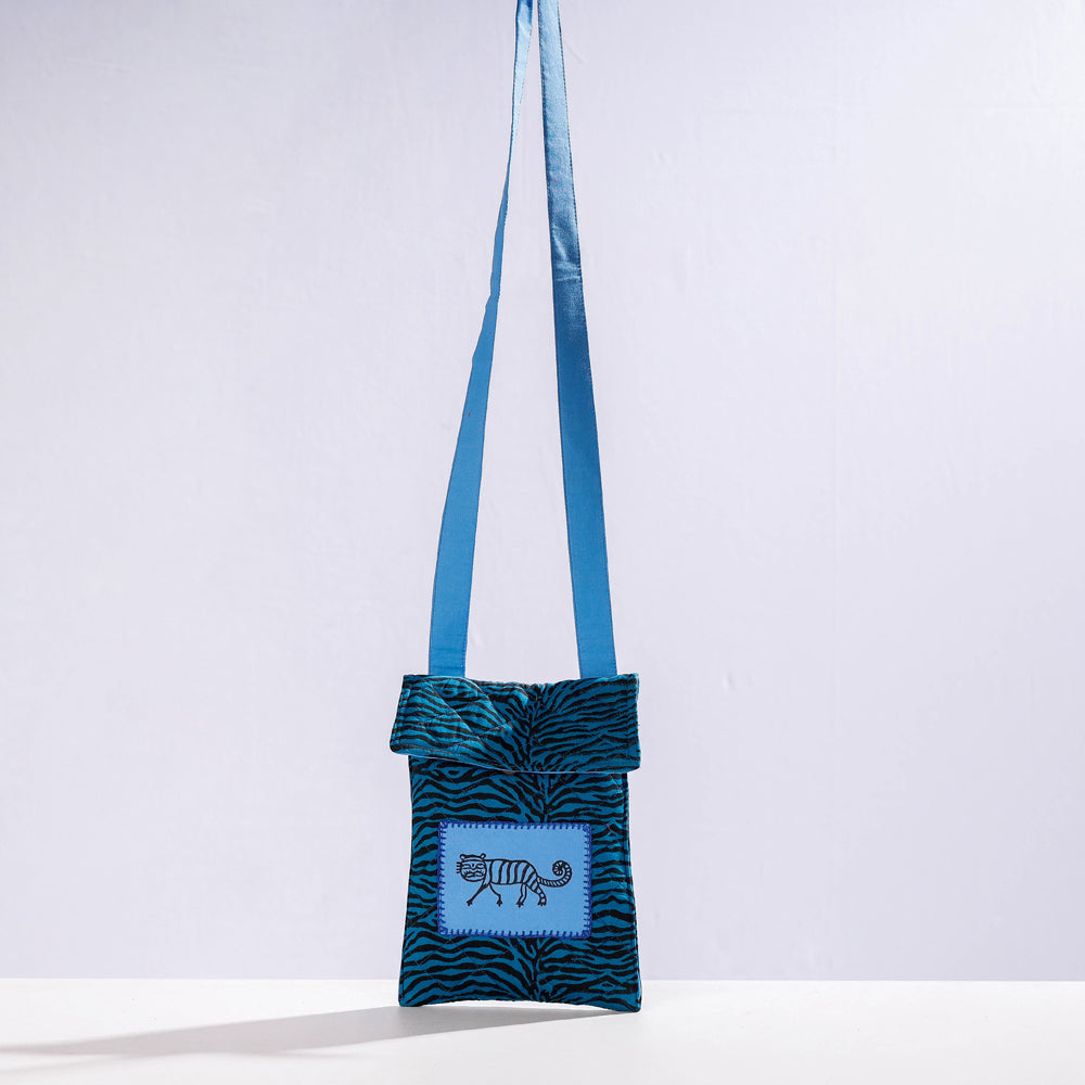 Blue  Kantha Work Block Print Cotton Mobile Sling Bag 