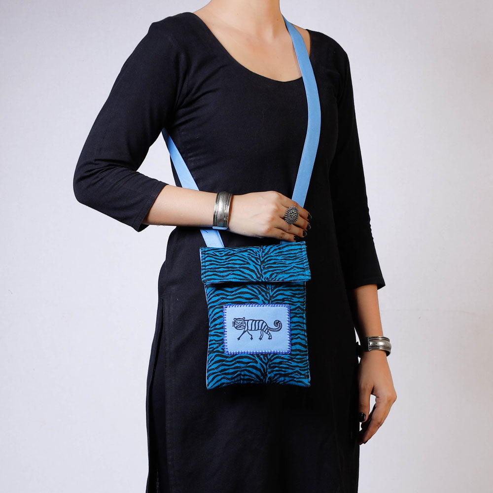 Blue  Kantha Work Block Print Cotton Mobile Sling Bag 