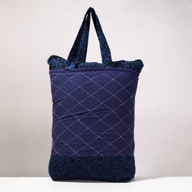 Blue Kantha Work Block Print Cotton Shopping Bag
