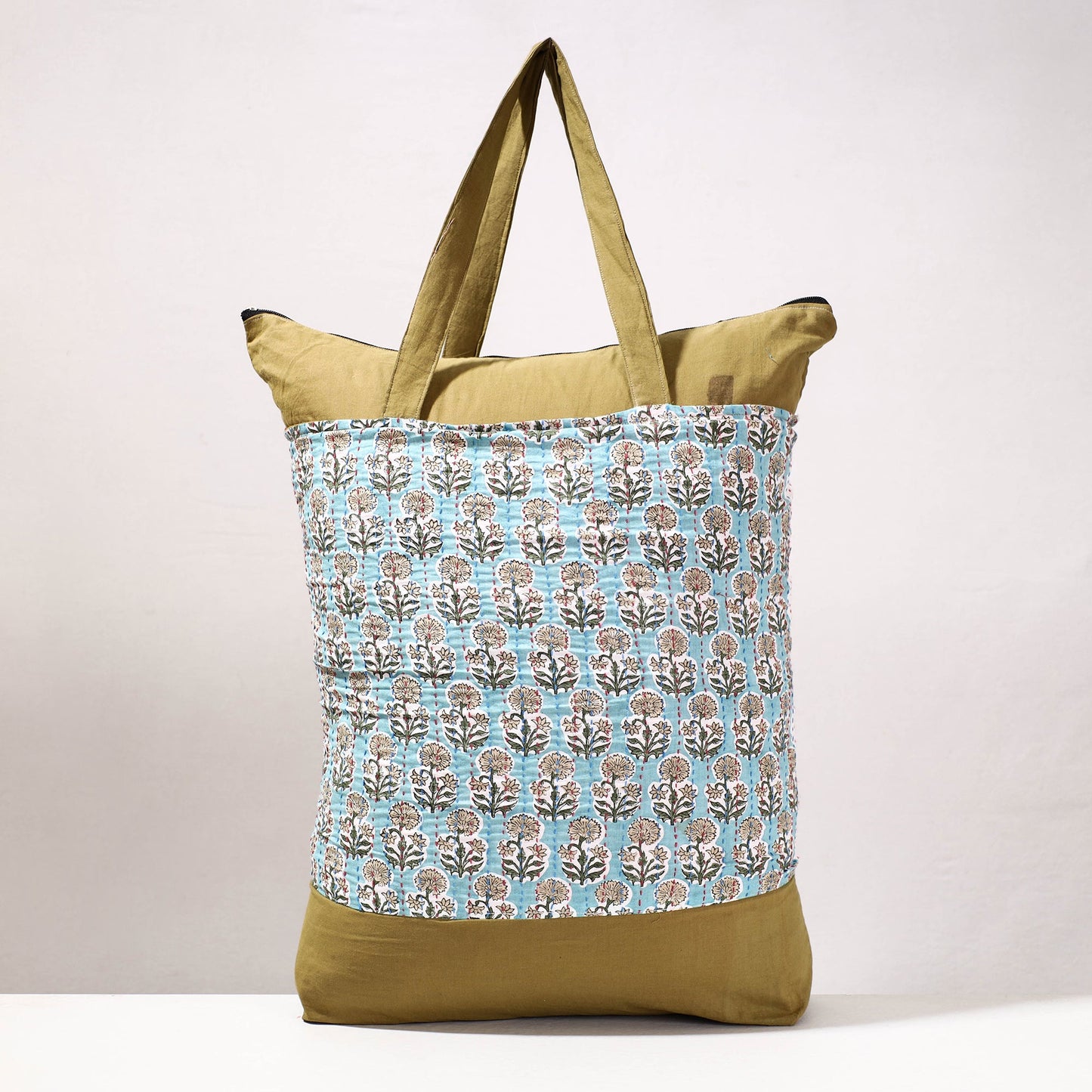 Blue - Kantha Work Block Print Cotton Shopping Bag